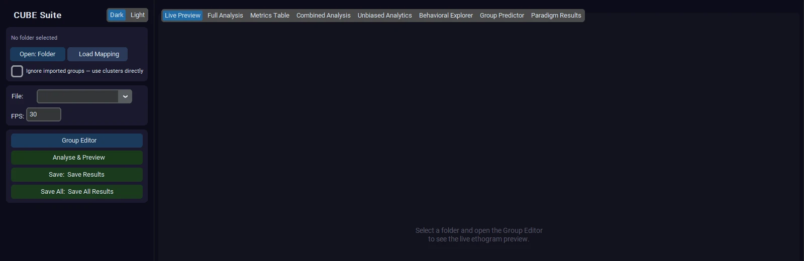 The CUBE analyser window with its row of analysis tabs