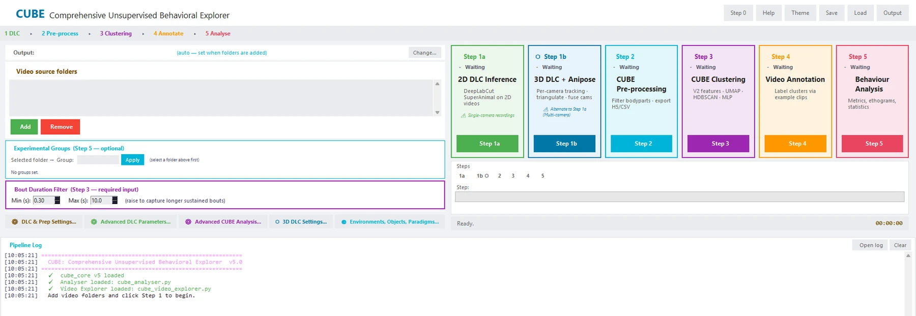 The CUBE main window with step cards for DLC, pre-processing, clustering, annotation and analysis