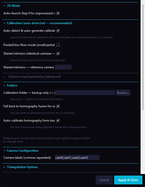 The 3D DLC and Anipose settings window