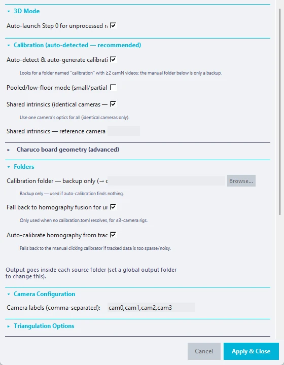 The 3D DLC and Anipose settings window