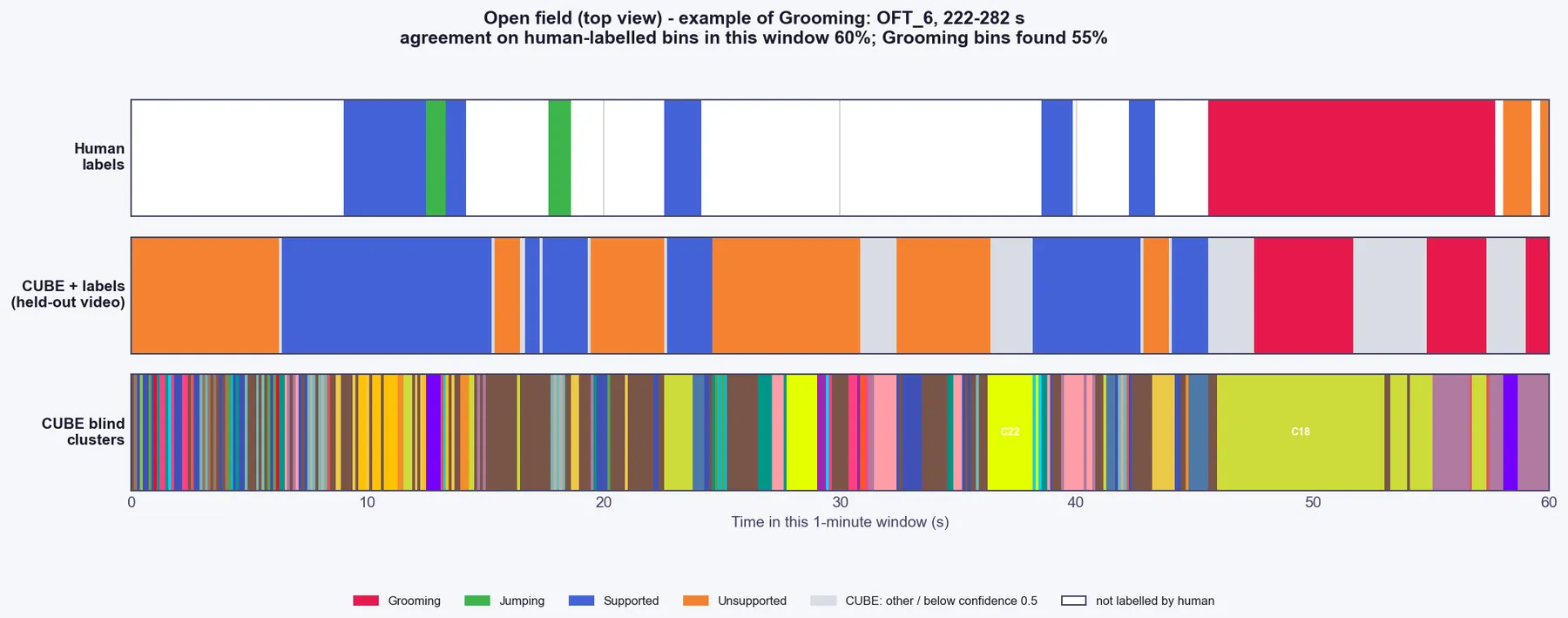 Open field ethogram comparing human labels with CUBE labels and blind clusters