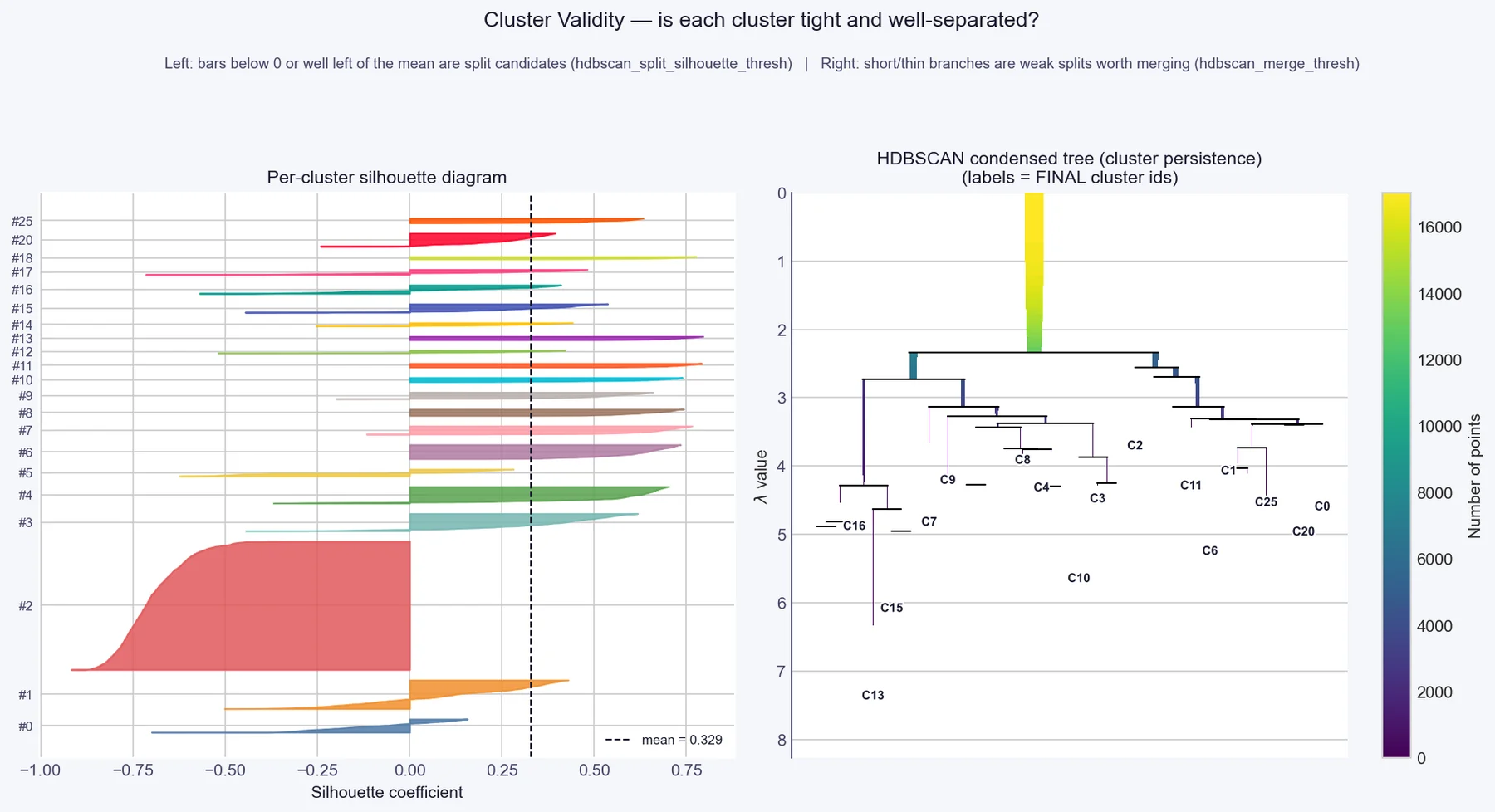 Cluster silhouette diagram and HDBSCAN condensed tree